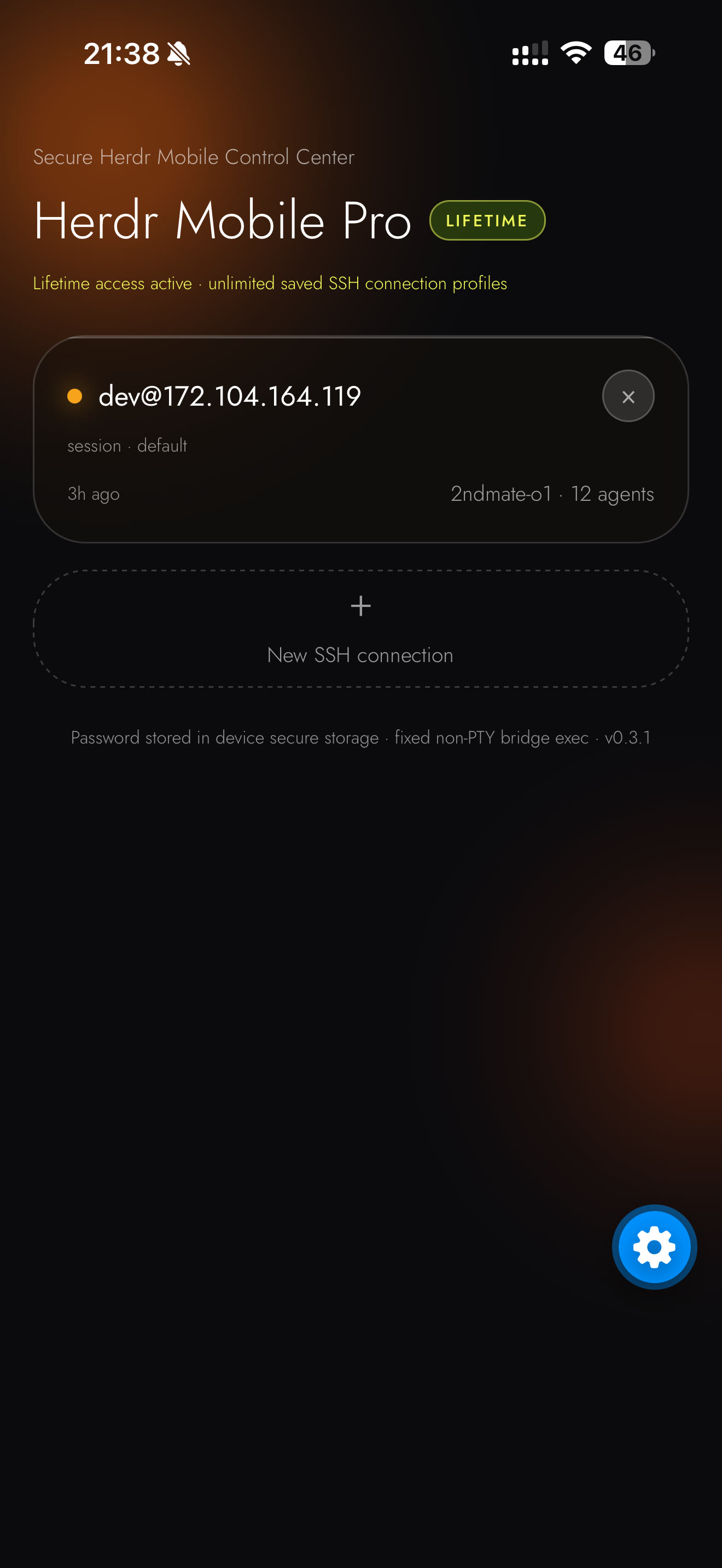 Herdr Mobile connections screen with a saved SSH profile and the New SSH connection button